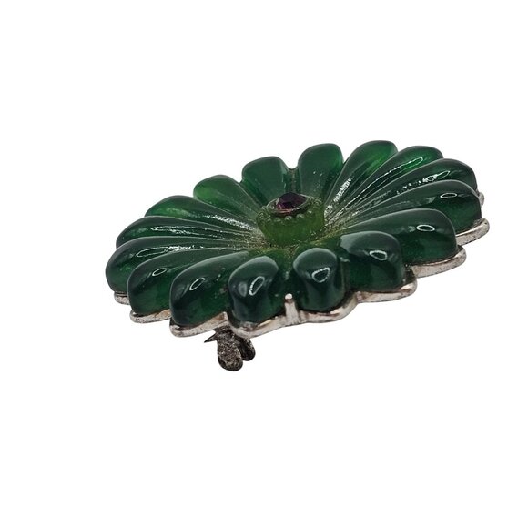Vtg Green Floral Molded Glass Brooch Purple Rhinestone Silver Tone Pin Flower - Picture 5 of 9